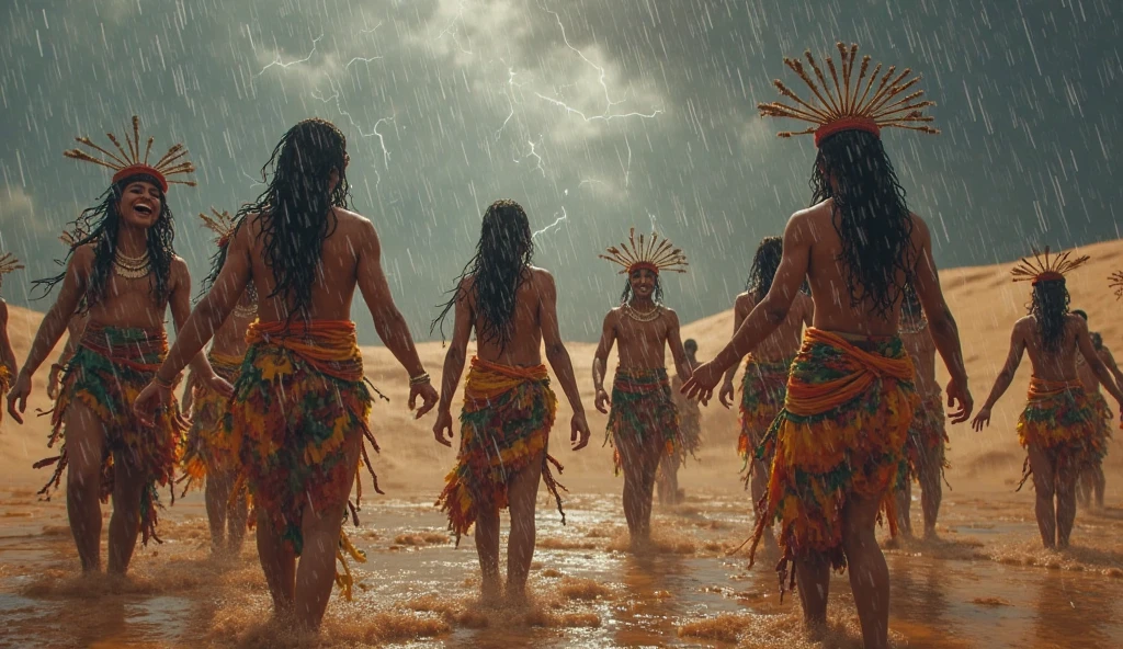 Holocene period, dark cloudy day with black clouds in the sky, Amerindian men with their backs to the observed, wearing feathers and plumes with shell necklaces from shore and Amerindian Neanderthal women, small stature,sturdy body, Chove forte, chest covered with colorful feathers and plumesfeathers covering the torso, , brown skin aborigines , savages wearing only a few colorful bird feathers , just dirty skin grandpa feathers, catching fish, turtle shells on the ground..lots and lots of shells on the floor, floor full of shells and seaweed few feathers cover the body , no clothes under the feathers no straw disheveled hair, hair spread out, messy hair, ugly hair masterpeiece on a remote beach in a sunny manan with lots of oysters, fish bones and on the floor , searching for shells on the sand, dead fish on the sand, piles of shells nearby