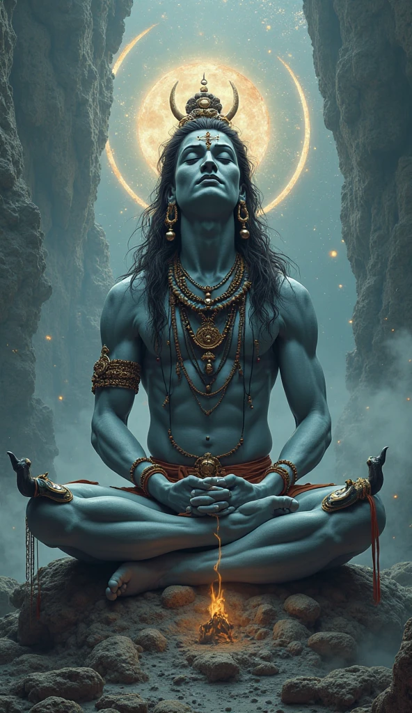 Lord Shiva、He is meditating、slender、Bright blue skin、dreds、Wear rosaries on your arms and neck、Wrapping a snake around the neck、Countless Buddhas spreading in the back