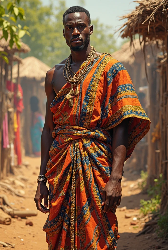 Show me a man between 20 and 30 years old from the Shipibo Konibo culture and his clothing, which is a tunic with a kené texture in the form of squares. , that can be seen from head to toe 