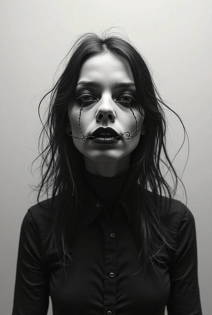 Ring gag in mouth, open mouth ,creepy wednesday addams,illustartion,gotik,spooky,black and white,vintage,Dark atmosphere,A detailed eye,detailed lips,pale skin,expressive eyebrows,haunting,An old mansion,creepy dolls,cracked porcelain,Victorian Fashion,loose braids,A sinister backstory,stormy weather,candlelight,Dark corners,haunted staircase,macabre,Retro,moody lighting,Thunder and lightning,web,attic,antique furnitures,intricate lace,soft focus,vintage portrait,captivating gaze,thin smile,Premonition of Presence,creepy innocence,hint of darkness,Sepia tones,gloomy atmosphere