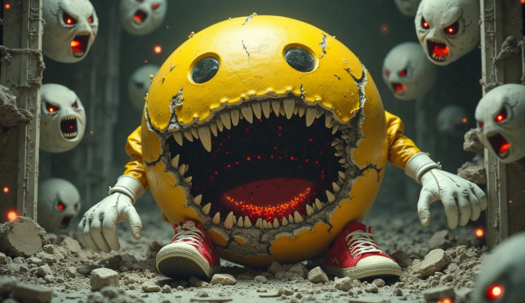 Pacman realistic photograph analog, monstrous with jelly respect, glossy, dripping leaking yellowish liquid while chomping a ghost, eyes dropped on the floor all around, devastated maze landscape background