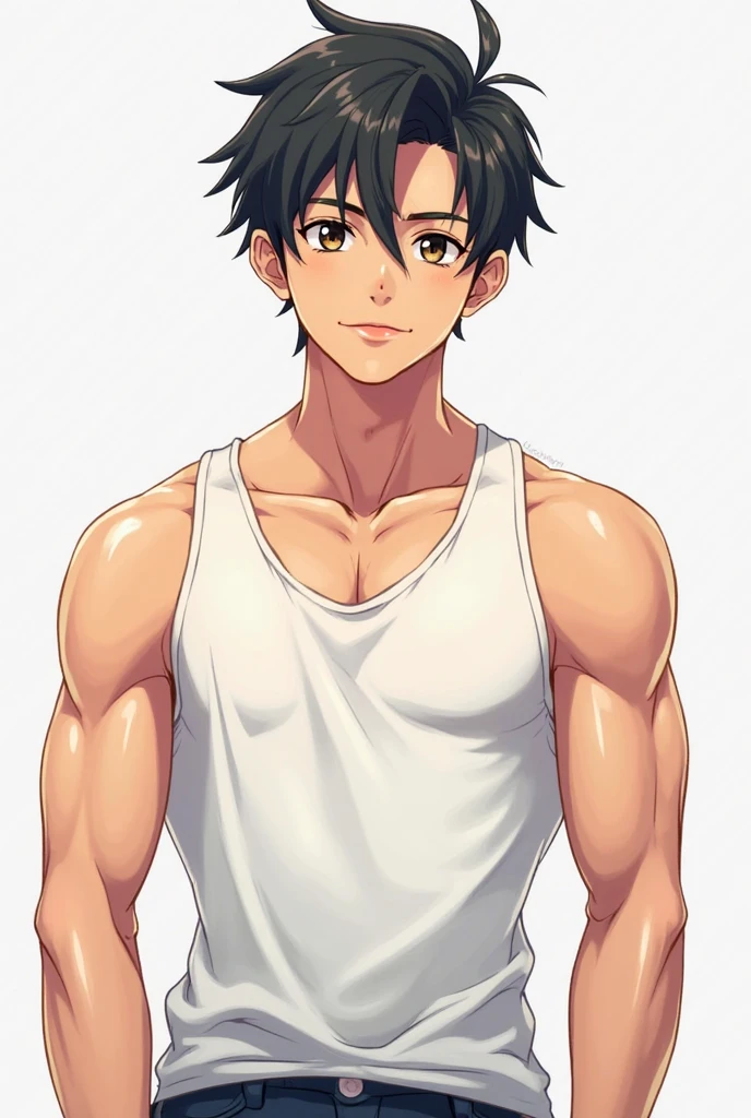 anime style drawing of a 2 boy 1,78m tall weighing 70kg, with a robust and muscular body with great emphasis on his chest, fair and tanned skin, short hair combed down in a dark grayish-blue tone, wearing no shirt, muscular chest, eyes black, Wears dark gray pants, defined abs, confident grin.



