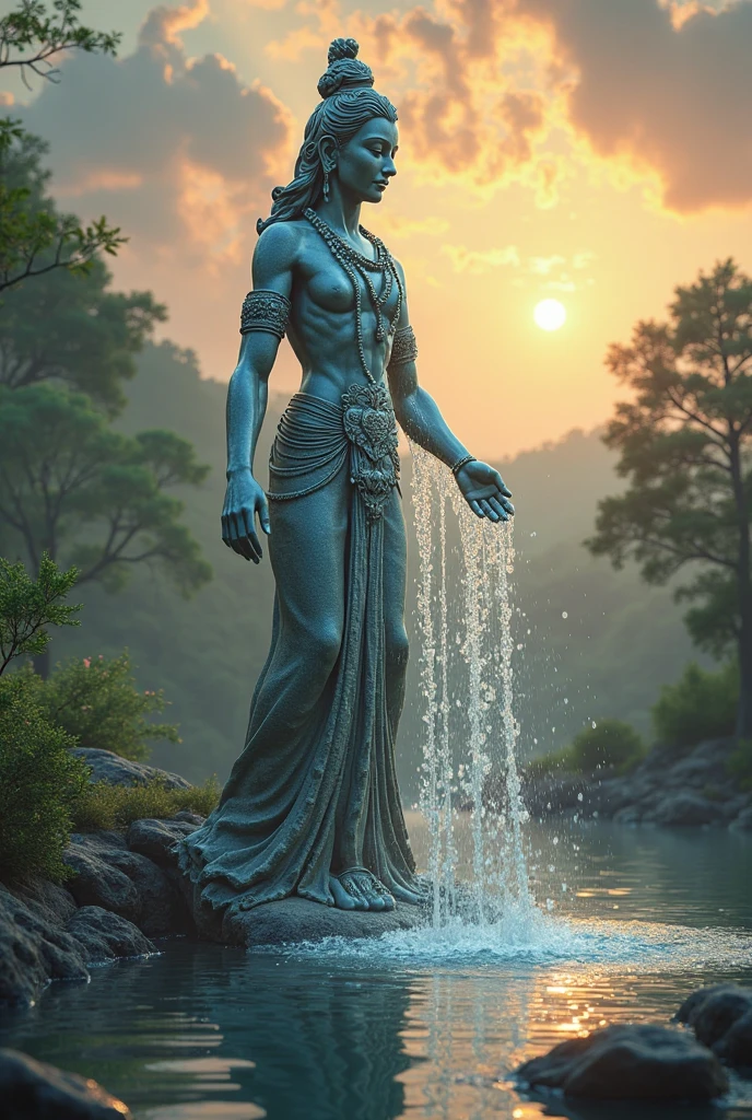 ancient ruins big angry lord shiva dancing statue in jungle, green fields, mountain, river, big tree , ice waterfall, 3d render