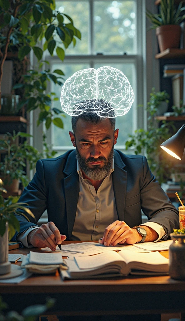 Create an image of a man sitting down writing on a sheet of paper with his brain exposed, with the cyberpunk environment and neon colors with blue lighting and a high contrast dark background