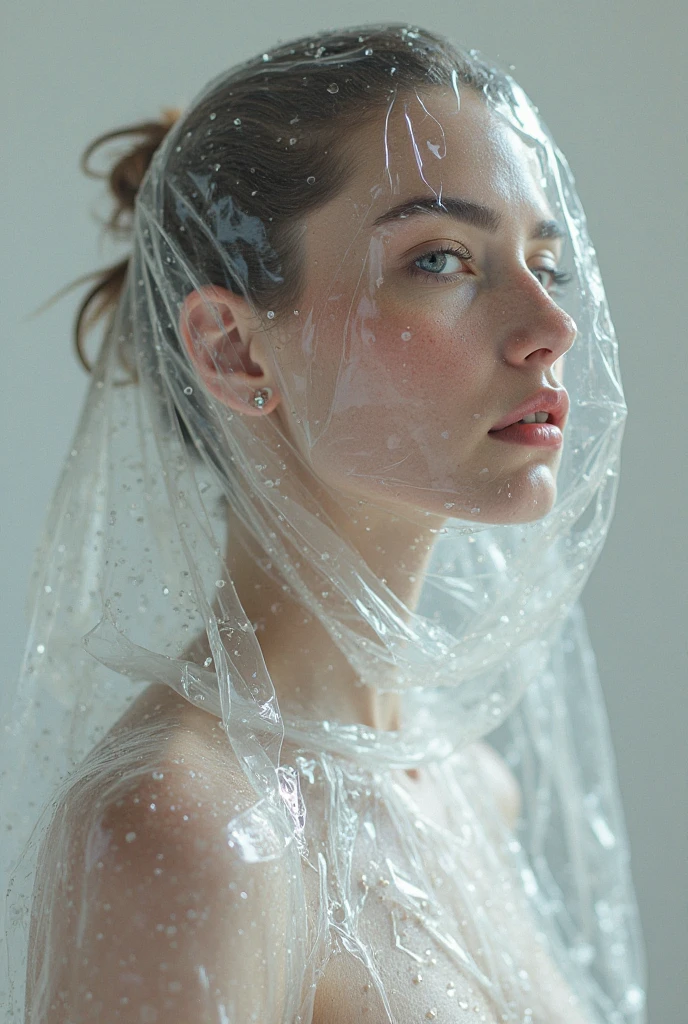 Hyper-realistic photo of a professional model with pale skin posing for a fashion photoshoot. She is entirely wrapped in transparent film, with tons of flowers under the film covering her skin. The shot is a mid-body shot.