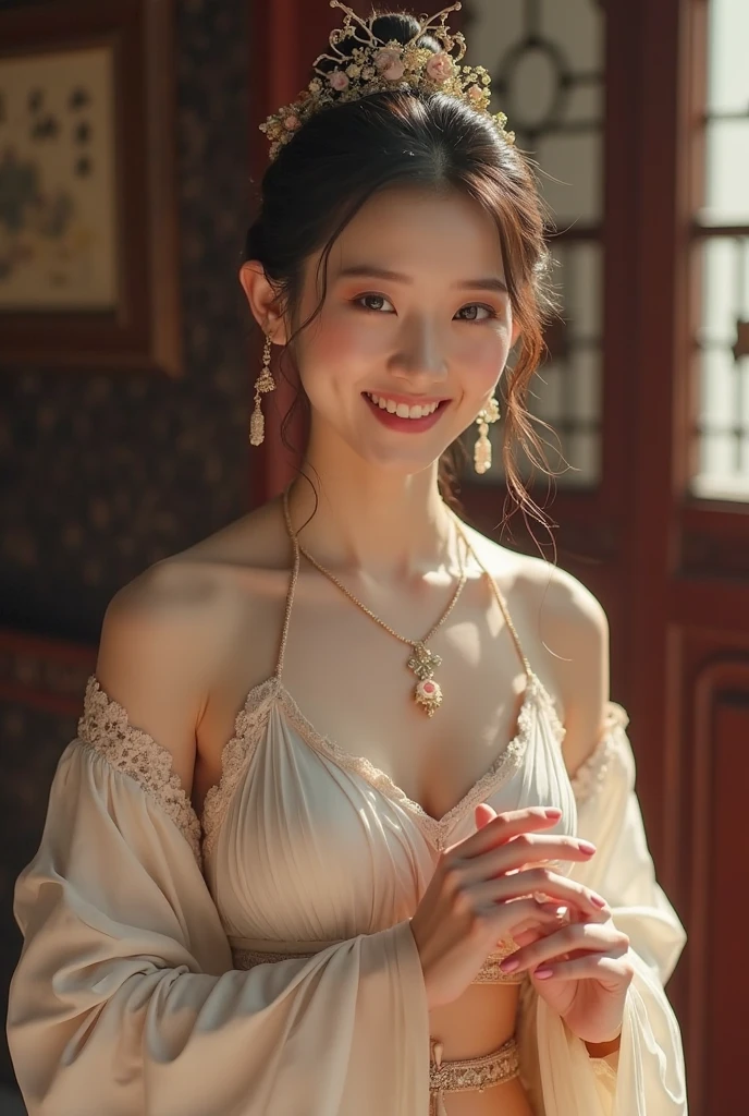 Ancient Greek maiden, ancient greek clothes, Woman, Pure smile, Caravaggio's paintings, Rose flower, fruits, big tits ton、 ,Caravaggio Chiaroscuro, Dark background,Expression of pleasure,Cute smile,burst into laughter