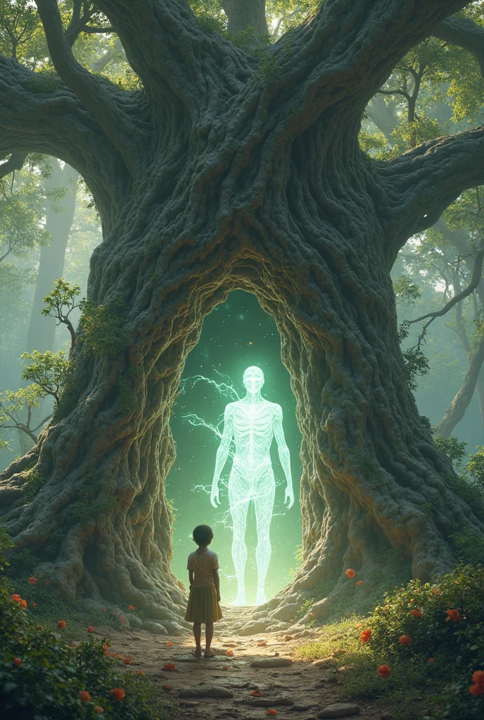 Scene 3: The Encounter
Prompt 1:
"Night under a full moon in the African village. The ancient baobab tree glows faintly, its bark illuminated with a mysterious energy. The village is quiet, with only the sounds of rustling leaves and distant animal calls."
Prompt 2:
"Kofi, the with bright eyes, stands before the glowing baobab tree, his expression a mix of awe and reverence. As he touches the tree, the Guardian, an ethereal being made of shimmering light and stardust, appears, its form constantly shifting like the night sky, radiating ancient wisdom."