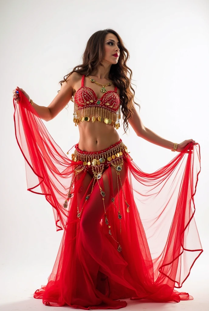 a model with a captivating blend of features of 60%Karishma Kapoor+10%Tulip Joshi+10%Genelia D'Souza+10%Ileana D'Cruz+ 10%Manisha Koirala, as belly dancer in see through red and white dress, strapless, deep neck, transparent full sleeve, low waist