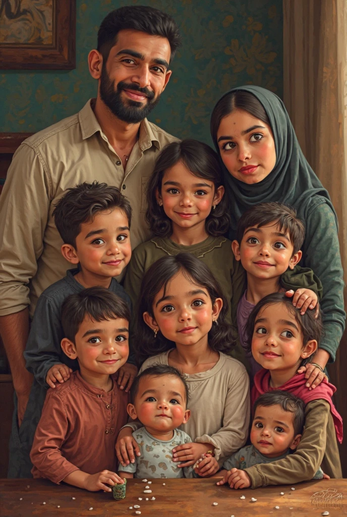 A 38 years old Muslim man with beard wearing a Muslim cap with his three daughters age of 13 7 years and 3 months