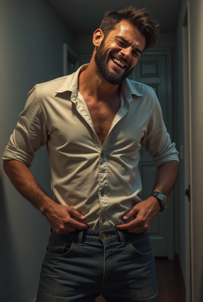 PICTURE REALISTIC, um homem adulto, wearing a closed blouse and pants, showing from the waist up, Grinning, biting into a small dark brown candy.