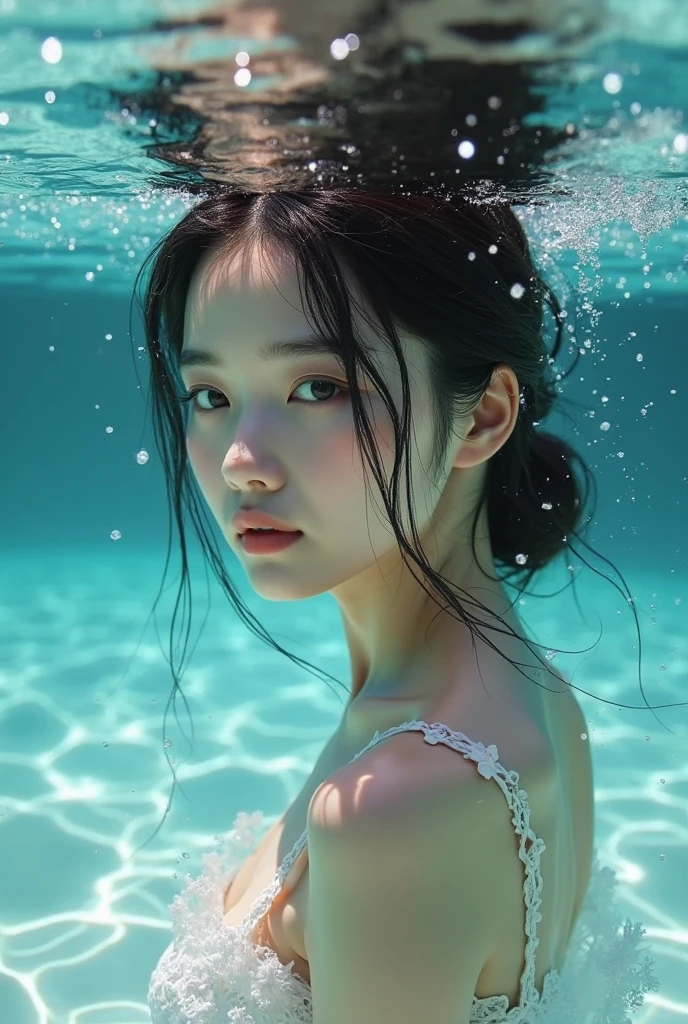 (Realistic:1.4), (Highest quality:1.0), (Ultra-high resolution:1.0), 8k, RAW Photos, (masterpiece:0.2), Stasis Pod, Japanese white micro bikini beautiful girl, whole body, (floating, liquid, bubble), sf,