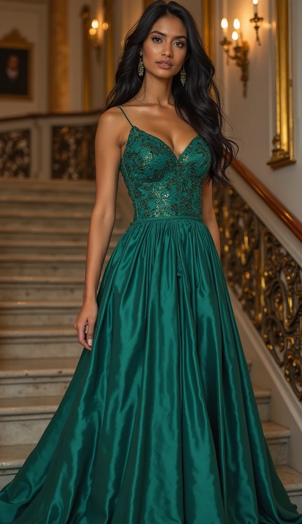 Realistic full body photo of a smiling, young black-haired girl with high hair, She dances in front of the camera in a long A-line bridesmaid dress with straps made of shiny purple and green satin., Park,glamour fotoshooting, Wedding celebration, perfect anatomy, perfect brown eyes. Perfect hands with 5 fingers on each hand, Matching girl, looking at the camera, 1 Frau. (Eye make up:1.1), (highly detailed skin:1.1), spirit, analog style, keen focus, 8K UHD, dslr, good quality, Fujifilm XT3, Grain, Award-winning, masterpiece. Wedding celebration