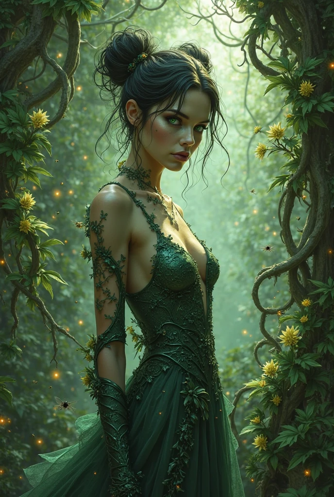 A Goddess of nature that has short and brown hair, has brown eyes, has a gentle face, fierce, Tanned, beautiful, wears a below the knee length black dress with leaves and flowers as design, she have a lot of scars and bruises on her legs and arms, her left eye is BLIND because it's stabbed with a piece of wood.