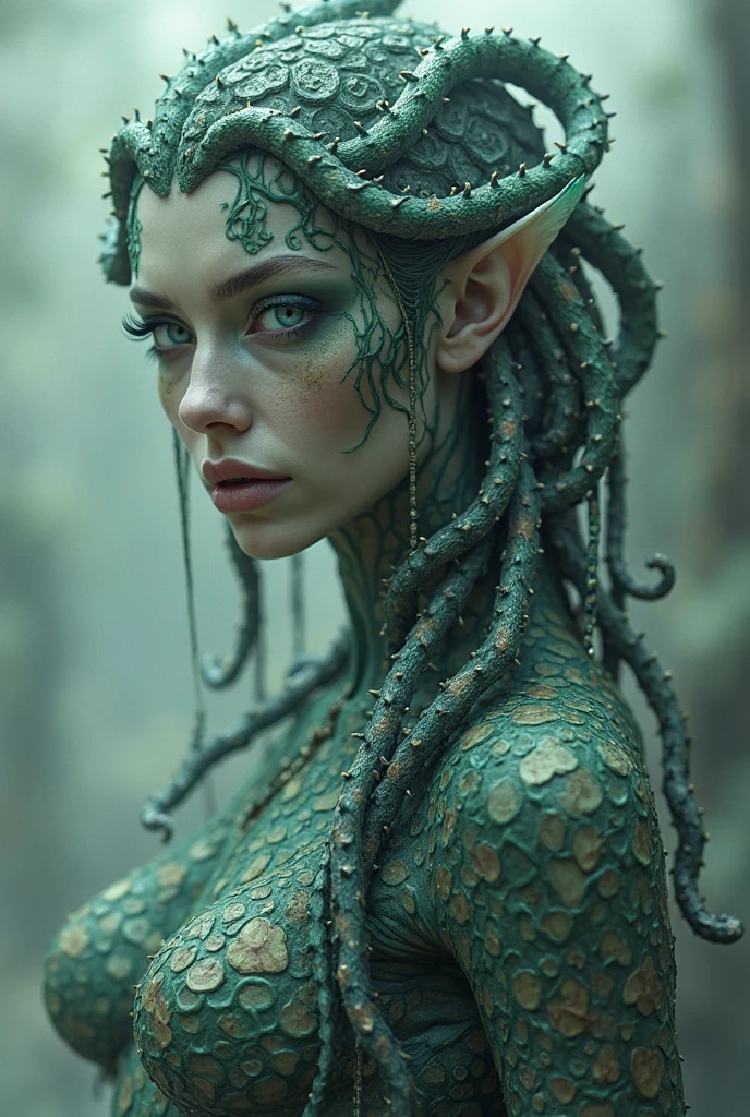 1 girl in a silver sexy exploration bikini, gorgeous woman, beautiful detailed eyes, beautiful detailed lips, extremely detailed eyes and face, long eyelashes, tentacle vines, alien landscape, man-eating plants, 50s sci-fi, cinematic lighting, dark moody atmosphere, vivid colors, photorealistic, highly detailed, 8k, best quality, masterpiece