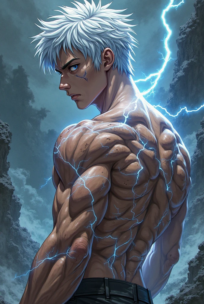 Bishonen anime slim cut body, hot man, 21 years old, luminous grey iris with weather manipulation powers, shirtless, tight fitted white thong,  white socks and silver toe ring, flying 50 feet above the ground in a stormy sky, with lightning bolts in his hands. he creates a hurricane with his powers in the background, dark clouds and lightning fill the sky