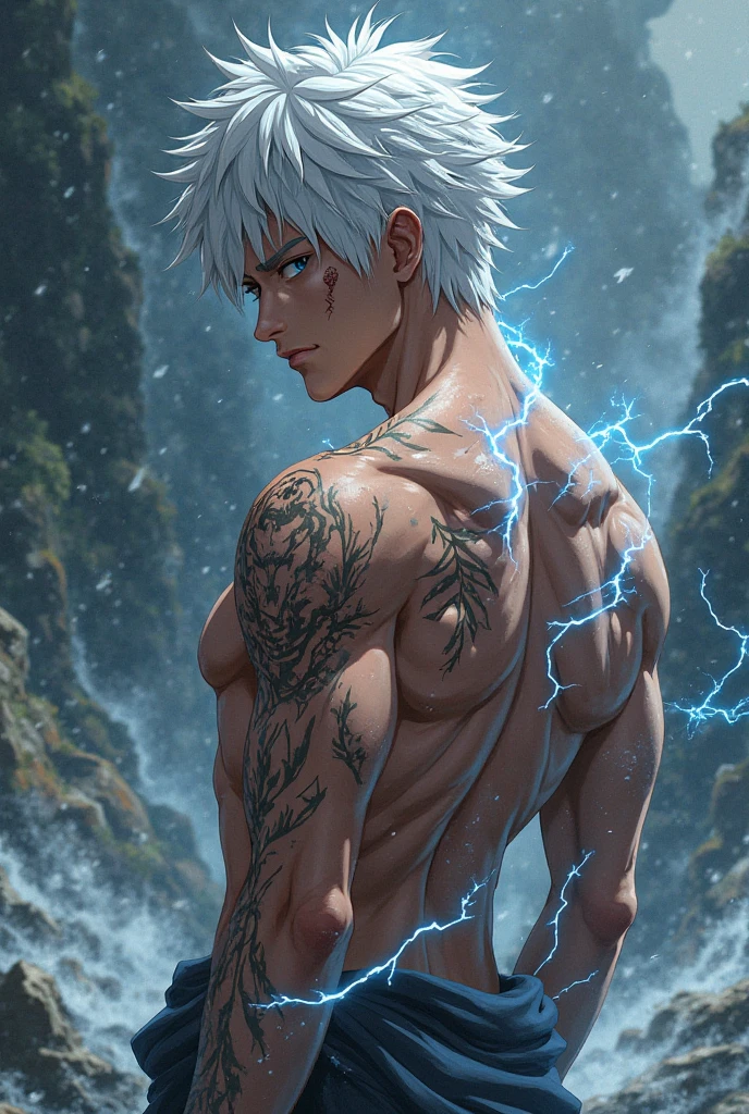 8k, complex, elegant, highly detailed, majestic, digital photography, surrealist painting, beating magic, winding lightning, (masterpiece, side light, fine beautiful eyes: 1.2), HDR, (glowing blue eyes)), naked upper body, (glowing tattoo), handsome boy, white hair, muscles, demon horn, raining, handsome, facing the camera, masterpiece