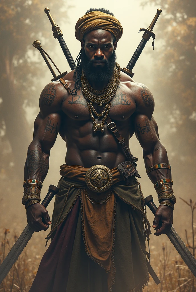Black African man in cobalt blue pants with dagger weapons, iron on the waist and a knife attached to the side and Mariow's face with a wind effect barefoot with a spear in his hand in close-up , in an African dirt site with some foliage . Hyperrealistic image written in blue with gold in capital letters OGUN