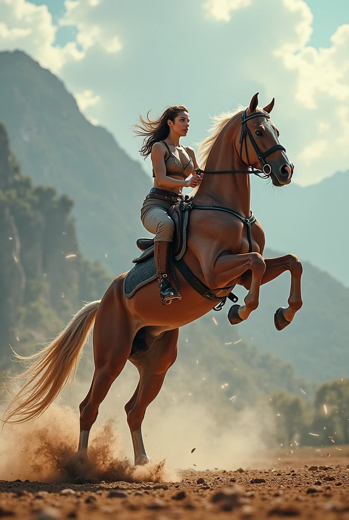 hyper ultra realistic photographs full body of The wind whips her unbound hair as she leaps onto the back of a charging warbeast, her blade flashing in the dying embers of twilight. ratio 16:9, 4k, 8k resolution, High quality photo, high detailed images