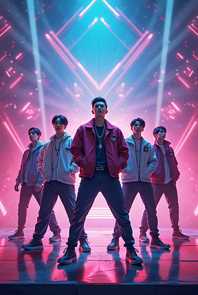 (ultra detailed), cyber punk、thunder、All the members of the male dance group gathered together、An energetic dance performance on a futuristic set。