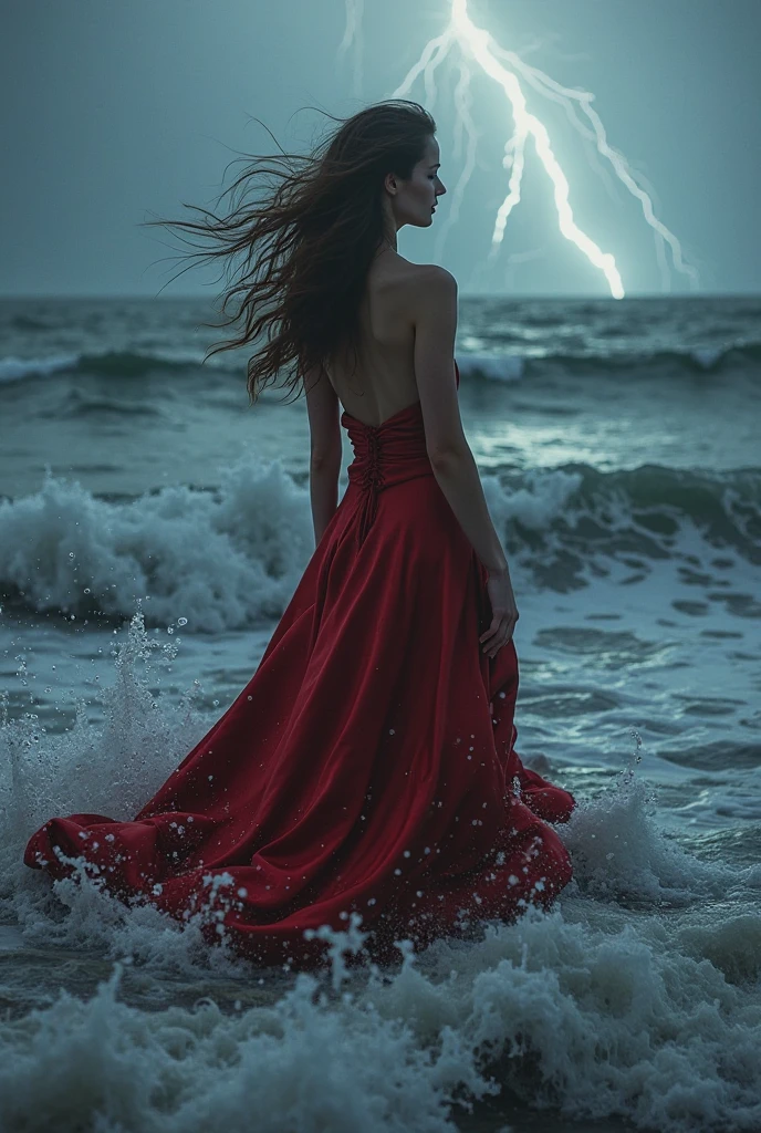 Create an ultra-realistic image of a beautiful storm on the horizon, as a solitary figure of a woman in a long, flowing red dress walks slowly towards the end of a pier. The sky should be loaded with dark and heavy clouds, with rays shining in the distance, briefly illuminating the scene. To figure, dressed in a simple way, should be in the background, walking towards the storm, creating a sense of courage and contemplation. The pier, made of wood , extends towards the rough sea, with waves gently breaking against its edges. The ambient light should be soft and dramatic, with shades of gray, dark blue and touches of golden light from the setting sun that blend with the storm clouds. The atmosphere should convey a sense of calm before the storm, combined with the beauty and imminent power of nature