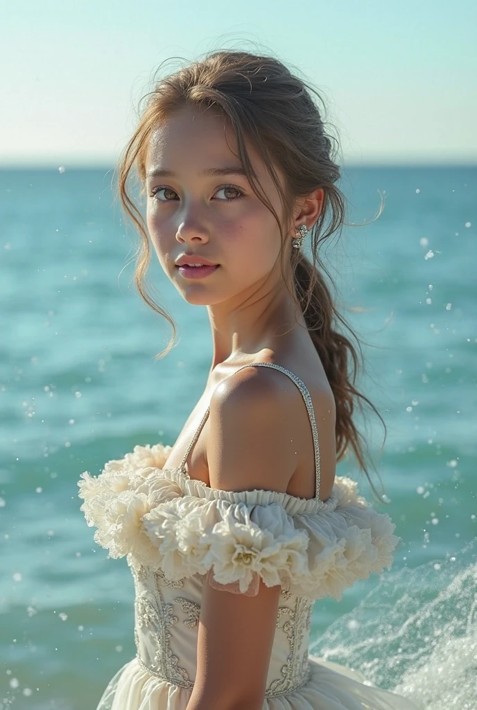 ( absurd , high quality , ultra detailed, be careful with your hand )Zodiac - Gemini goddess , similar to latin goodness , Alone . curious, skillful, humorous, seductive, imaginative face , Sometimes impractical, restless, highly strung, careless style , maduro , light brown eyes , wide , light blonde hair , transparent dress , lace lingerie , in the ocean with wind , whole body , flirtatious look ,