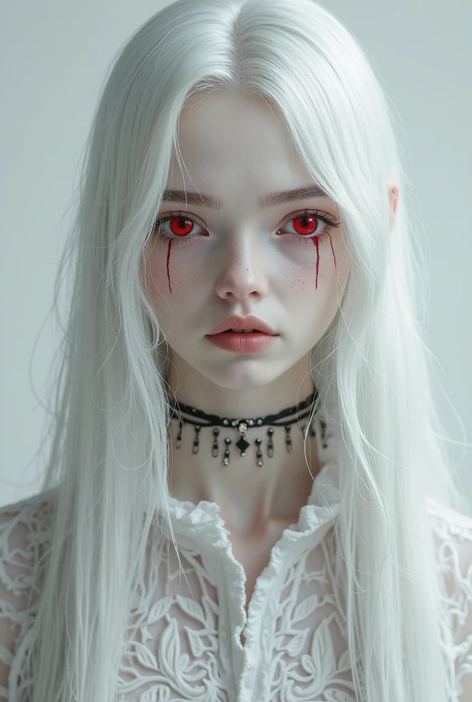GIRLS VAMPIRE CHILDREN, RED EYES. AND LONG STRAIGHT PLATINUM HAIR, red background.