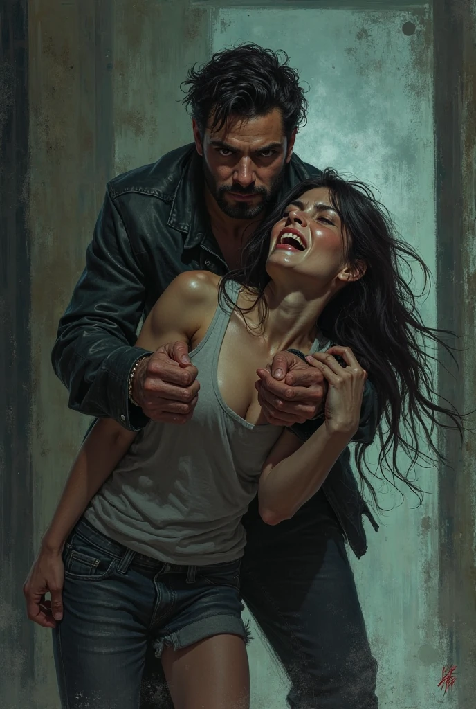 The woman has become very tall and it is time to take revenge on her lover. The man tries to escape and his lover grabs him by the throat.