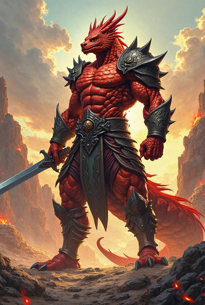 Red-scaled reptilian warrior with curved horns. On top of a rock He raises his arms intimidatingly, carrying a sword. Silver In front of you several human slaves bent over.  in the background an erupting volcano. 