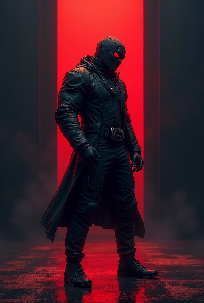 skull face creature with bright red eyes wearing leather jacket in an apocalyptic scenario, close up, dark ominous atmosphere, ultra detailed, photorealistic.