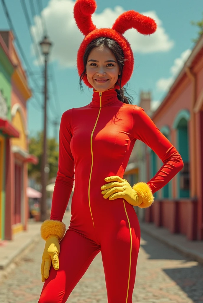 Woman in firefighter outfit, firefighter helmet, yellow gloves, brown eyes, long black hair, evil smile, cleavage, naked, arms lifted up behind the Head, detailed skin, sexy pose, full body, first-person view, wide shot, wide-angle, masterpiece, high details, best quality, HD, realism, Nikon, standing in burned out building.