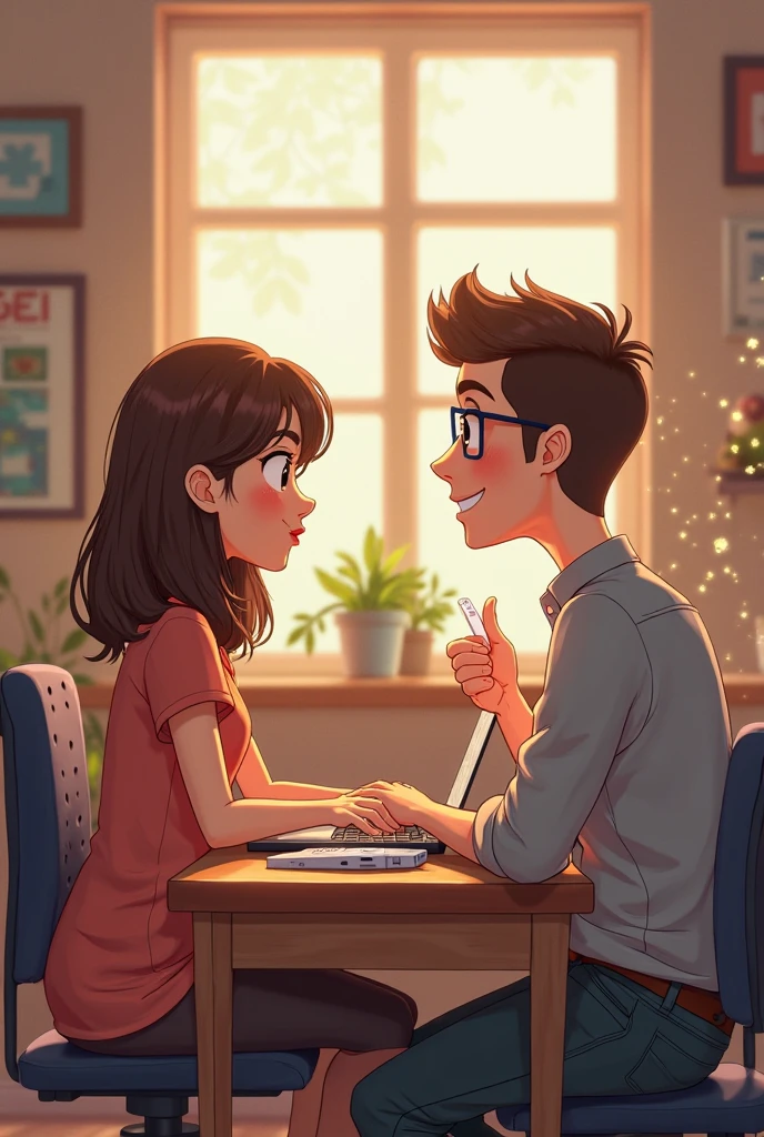 In a small office, a boy wearing glasses, a red shirt, and black pants is sitting and working at his desktop computer, which is positioned in the corner against a side wall. A girl in a long yellow dress is seated to his left, working at her own desktop system and looking at him affectionately.
