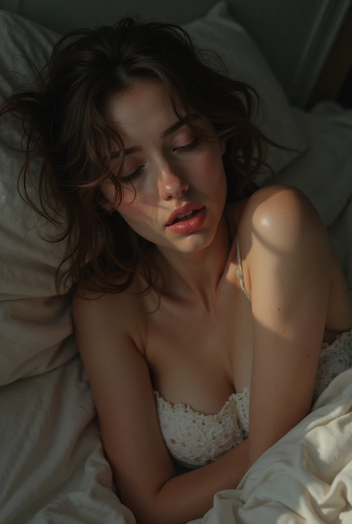 (full body photo:1.4), beautiful gorgeous very cute 17yo petit short-blonde-hair girl lying, on her back, having a wet dream, fantasizing about sex, close up, entirely transparent pink pajamas, shiny skin, (orgasm face), closed eyes, open mouth, pain expression, too much pleasure, biting lip, arousal evident, exposed large natural breasts, nipple pokies, ((best perfect stiff nipples)), (((best exposed puffy areolas))), nipple slip, squishing her breasts together, her breasts falling out of her entirely open pajamas, bra undone, long narrow slender torso, flat stomach, hip bones, (very low rise pink floral panties that are damp where they cover the vagina:1.3), raised mons pubis that is partially exposed, mound of venus, camel-toe, best pov, (((Carmella rose))), intimate moment, sensual, private, lascivious, carnal, night, dimly lit, moody atmosphere, girl's bedroom