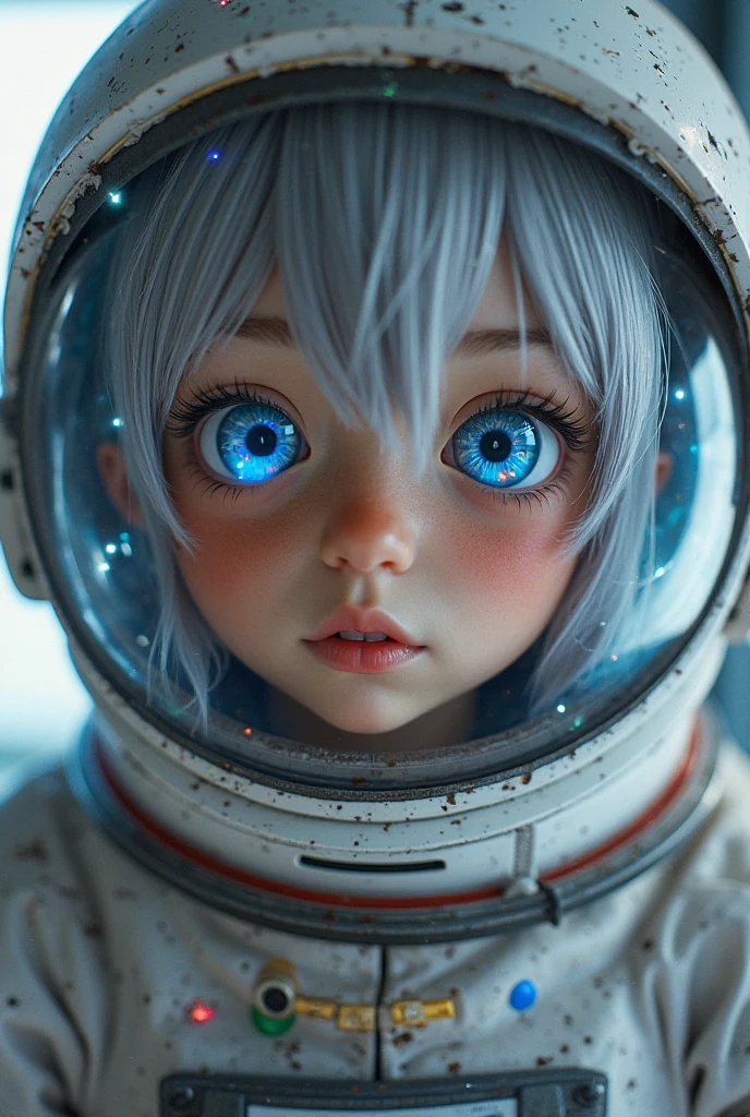 (Get a closer look at more masterpieces:1.5)0.9], Small Eyes，The eyes are particularly small，(Space and astronauts:1.2) (Messy silver hair:1.1) (Heterochromia xanthochromia and blue eyes:1.2) (Space Helmet:1.0) (Colored stars in the eyes:1.0) (shining:1.1) (thick lips:0.9)