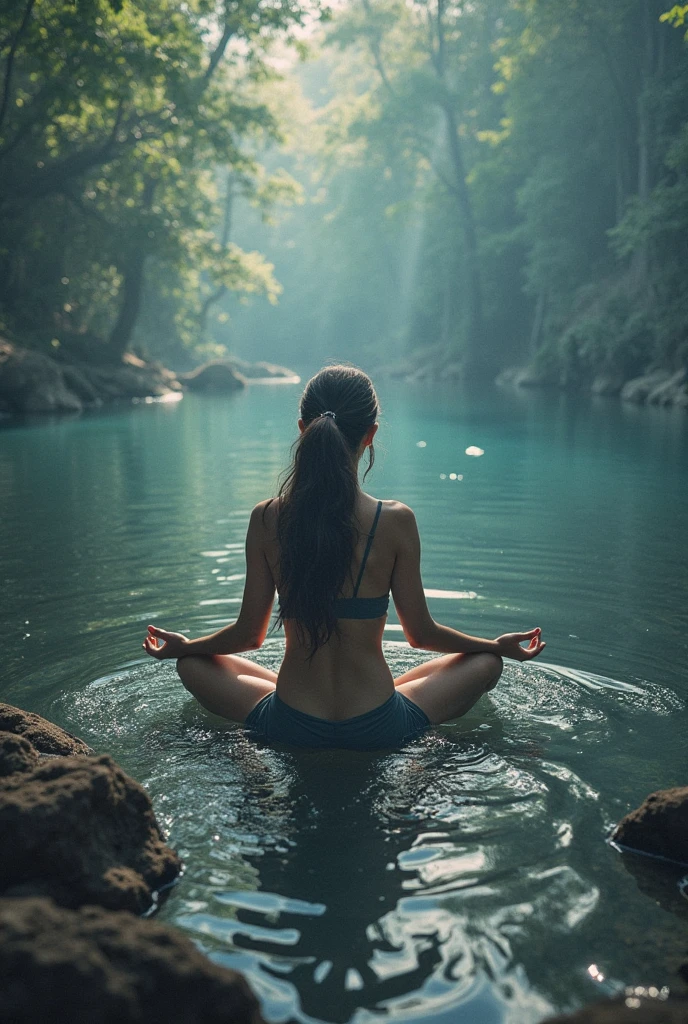 HDR photo of woman with long brunette hair, eyes closed, white tank top and underwear, clinging clothes, sitting in a grass field in the rain, raining, wet skin, wet hair, foggy, misty rain, puddle of water, reflection . High dynamic range, seated and upward plank, vivid, rich details, clear shadows and highlights, realistic, intense, enhanced contrast, highly detailed