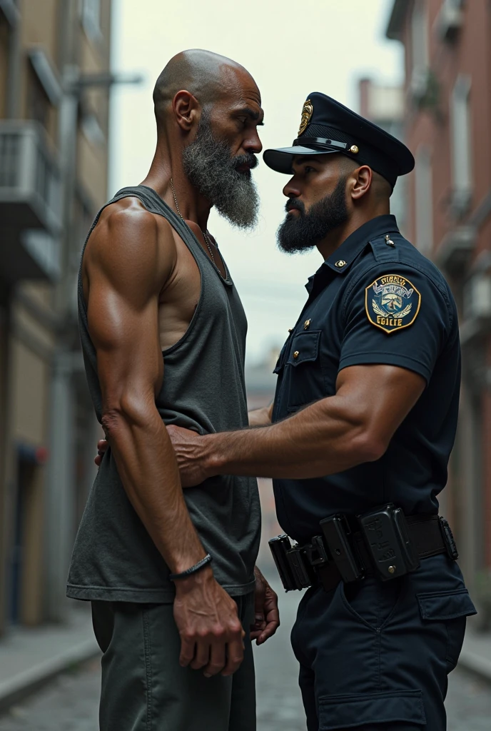 A handsome, physically fit man. His upper body is bare. He has chest, chest, rounded shoulders, large arms, large forearms, large, dry abdominal muscles, and waist muscles. He wears a black army uniform and black army boots. He wears freshness. He is handsome. His type of haircut is short hair, with a full, black beard. His features are Arabic, and his skin is wheatish in color. The white man is tall, and he is in a confrontation with a person from the special forces, and his face is opposite the person from the special forces, and they look at each other as if they are in a confrontation. They are in the middle of the street in a city, and the people in the street are looking at this fierce competition and admiring.
