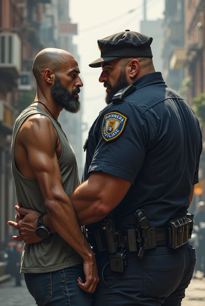 Strong uniformed police officer pointing a pistol at a thin man, muscular, mixed race bearded man, in red underwear and flip flops, with their hands on their heads on a sidewalk full of people dressed.
