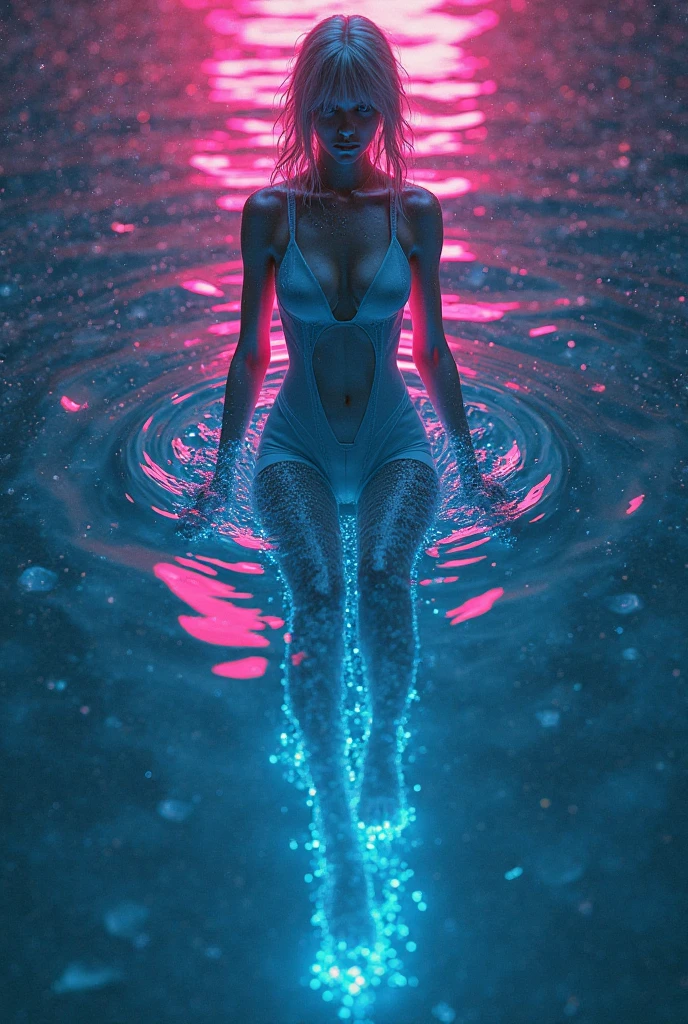 Statue of a woman bathed in neon colors