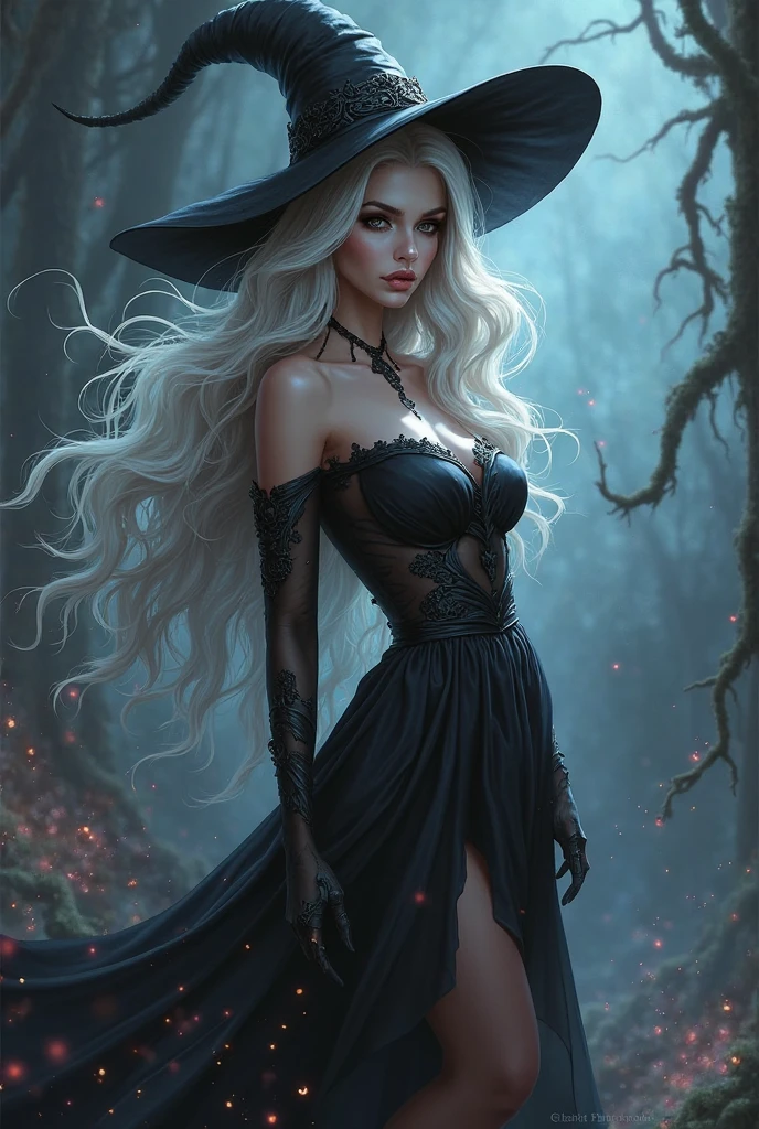 Clear, Here is a precise description:

**Character Description:**

Imagine a witch in anime style with albino skin that contrasts elegantly with her black outfit, which is designed to enhance your curvy figure. Her hair is semi-curly, of a pure white, and falls gracefully to the middle of her back, Framing your face with a touch of sophistication.

His red eyes shine brightly, reflecting its strength and magnetism. His body has a noticeably more robust build., with a clearly chubby figure that accentuates his imposing presence. Her hips are wide and her buttocks are generous., complemented by a prominent bust, create a voluptuous and seductive silhouette. The combination of these characteristics gives her an air of unparalleled beauty and a natural sensuality that makes her a fascinating and powerful figure.. 
Corpulent figure with pronounced curves