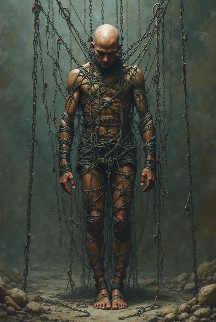 Human chained by the hands and with horns on the head and hanging and stretched out by the hands