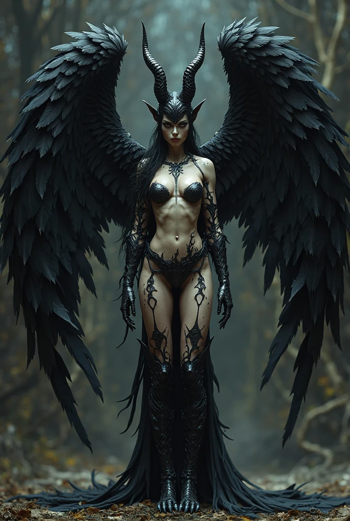 "Half crow, half woman creature: 1,8 ; slim body, fit body, wings instead of arms: 1,7, crow face instead of a woman face: 1,9, anthropozoomorphic"