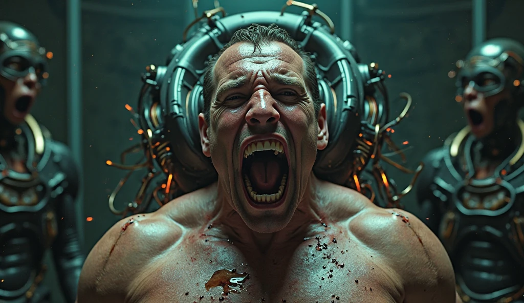 Handsome muscular shirtless ginger bearded man laughing hands above head handcuffed in a stasis tank, mechanical hands tickling armpits, mechanical hands tickling ribs, lab background 