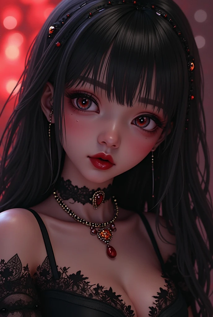 Create a female; Her name is Adelyne Fleur Klein. She has a medium black hair with full bangs and red eyes framed with a red eyeliner. And she has a mole under the eye of her left cheek. She wears a pink elegant dress. She is very emotionless 