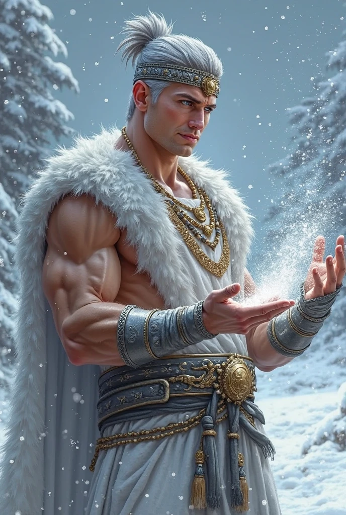 A muscular American bald man is in a wonderland, 30 years old, pale skin, wears a rich snow-white (fur layer on the shoulders and back) with a very long pile, under which you can see his extremely muscular body, the emphasis is on the man. body. ., (His body is adorned with gold chains with precious stones, rings on his fingers) in one of his hands he has a large dusty old book and he looks at this book, (A heavy belt with a gold thong band with stones beautiful brilliants). voluptuous crotch. He has expressive blue eyes. A clock ticks in the distance. This scene seems something outside the realm of fantasy or legend seen from above.