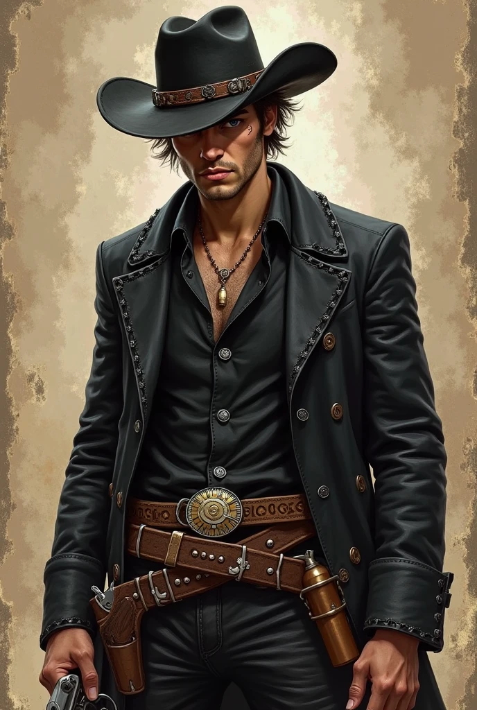 masterpiece, best quality, (extremely detailed CG unity 8k wallpaper), (best quality), (best illustration), (best shadow), ((best quality)), ((masterpiece)), ((realistic)), (detailed), 1boy, a man, fantasy, cowboy, cowboy hat, shiny skin, shiny clothes, sunset, detailed, extreme details, smokin, long coat, city ruins, looking at viewer, closeup, red eyes, glowing eyes