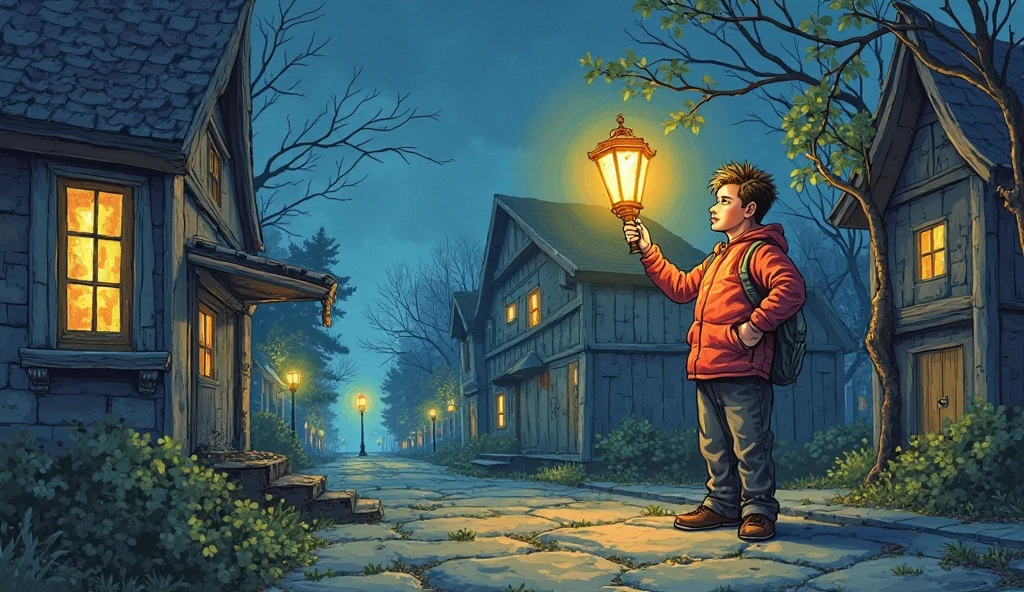 In that same drawing style make a very simple drawing of a  orphan boy with curly hair and a red sweatshirt sitting on a swing outside a school in a small town on Christmas Eve.  