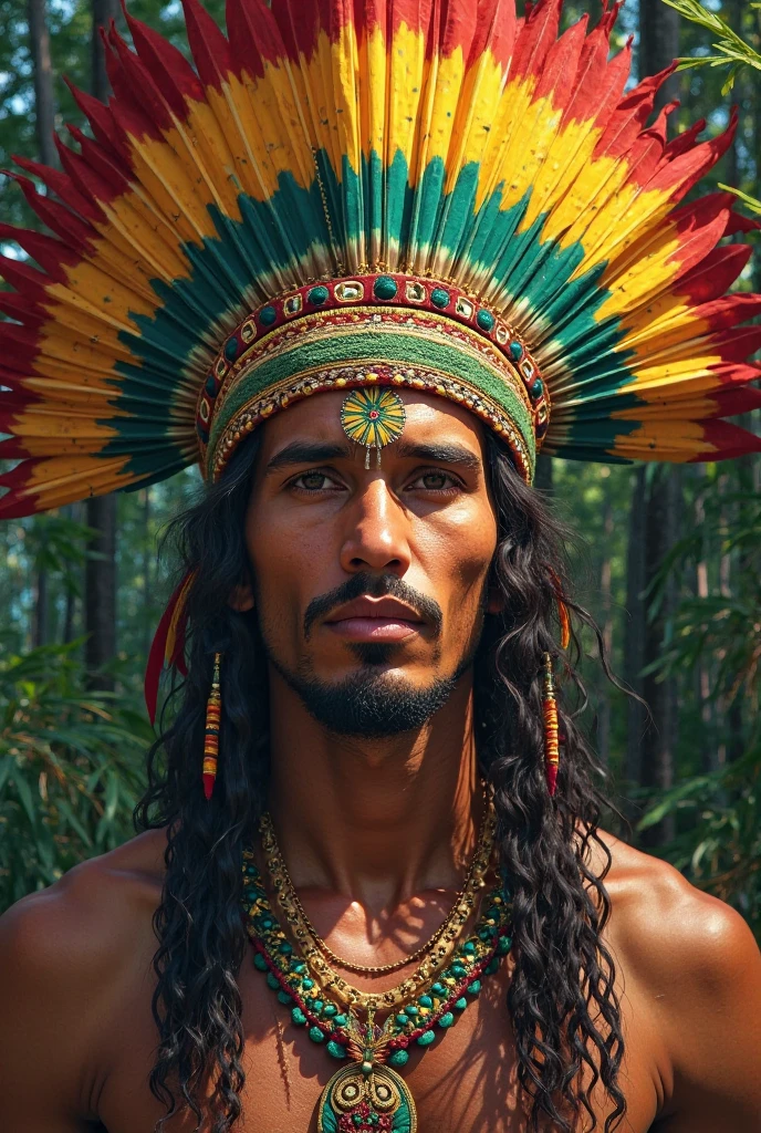 Create the image of an indigenous shaman holding a small wooden cup, only deep a tropical forest
