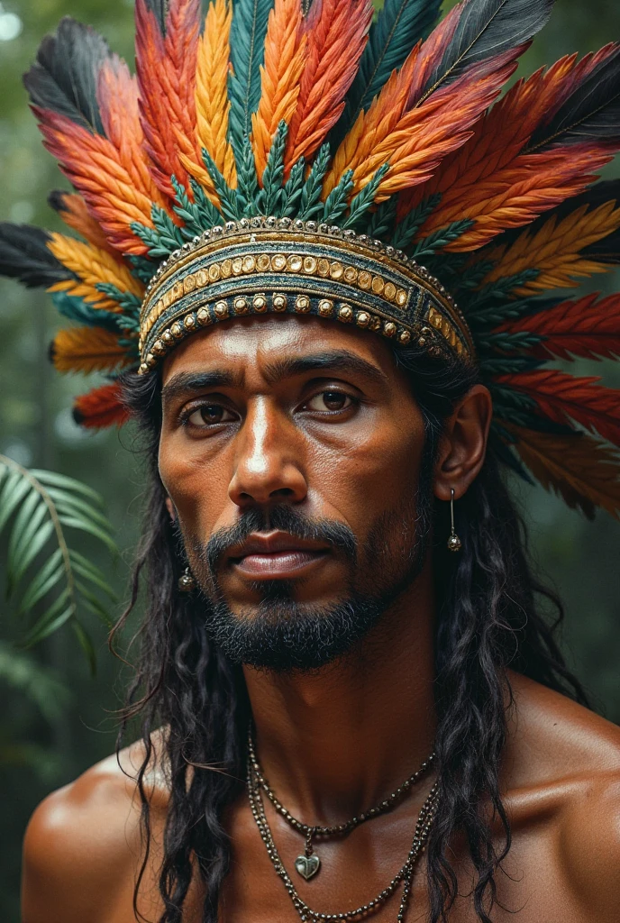 indigenous man, is in a dense, tropical forest surrounded by plants. He wears an elaborate headdress made of colorful feathers. The expression on his face is serene and wise, reflecting his deep connection with nature and ancestral spirits. Sunlight penetrates the treetops, creating a play of shadows and lights around you. no beard