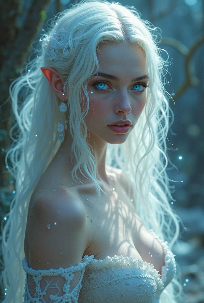 elf girl, 1, nude,angelical face,bright skin, skinny body, blue eyes, realistic eyes, wavy hair, dark fantasy film, white skin, extremely realistic photo, extremely detailed pixels and particles, sexy pose, high-angle shot, soft focus, detailed background, 4k, high resolution, full body show, panoramic shot, high resolution background, 3d realistic render, enhance hands eyes and face,
