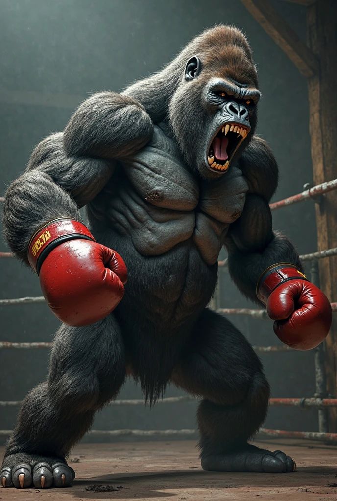 (angry gorilla,boxer gorilla,boxing ring,boxer gloves,muscular gorilla,detailed realistic gorilla,highly detailed fur,photoreal,photorealistic,octane render,unreal engine,highly detailed muscles,intense expression,snarling expression,best quality,8k,ultra-detailed,masterpiece:1.2,dramatic lighting,dynamic pose,powerful,intense)