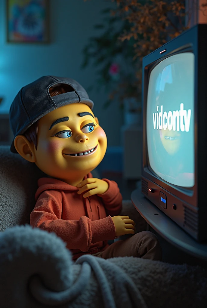 A boy sitting and watch tv on wall boy sitting in floor and boy wearing orange colour tshirt and write name of hanuman